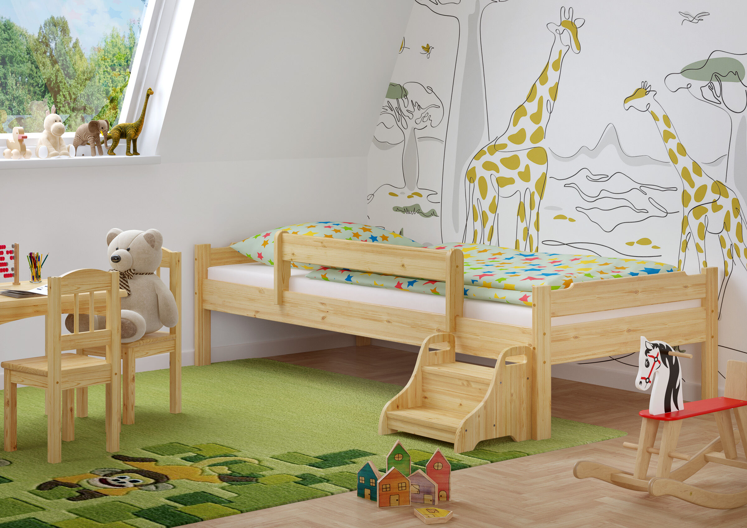 Kinderbett mit Rausfallschutz und Treppchen